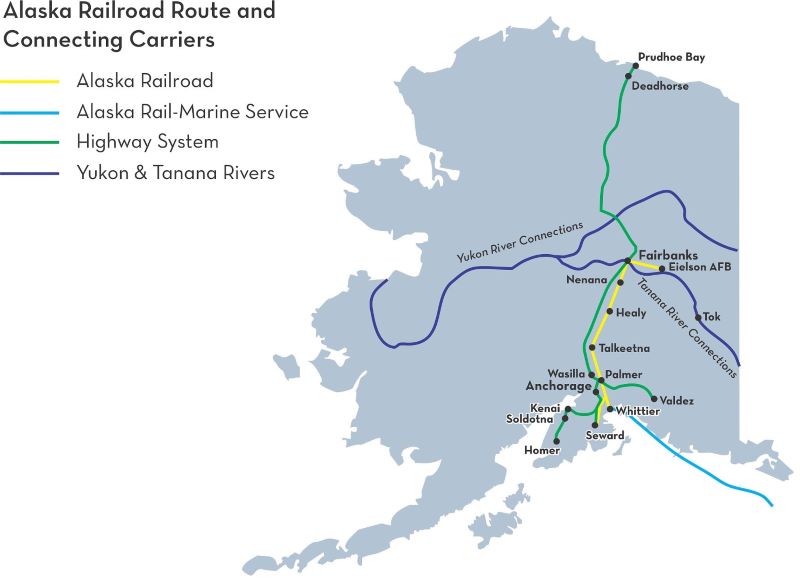 Map of Alaska Railroad routes and connecting carriers.