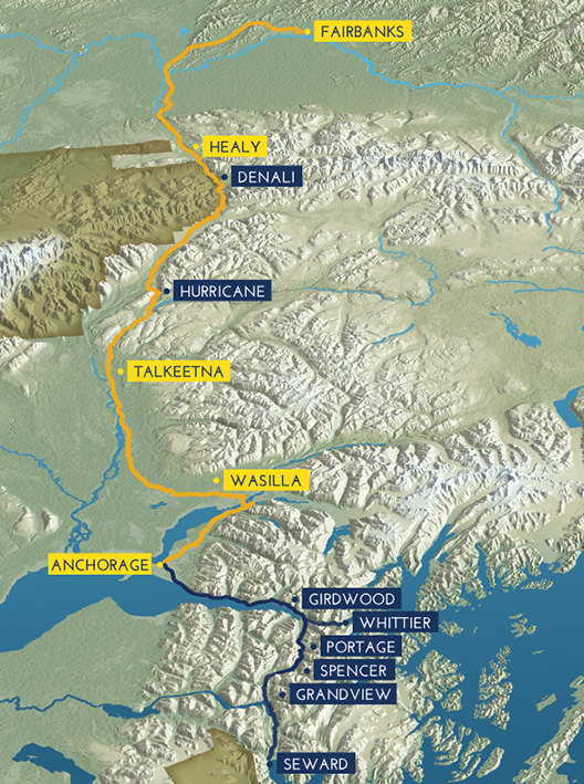 A map highlighting the Alaska Railroad Aurora Winter route from Anchorage To Fairbanks Alaska